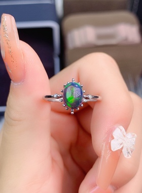 新款天然黑欧泊戒指 主石6*8mm925银精工镶嵌 圈活口特惠火彩闪耀