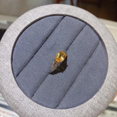 天然黄水晶戒指 主石6*8MM925银镀金开口戒指简约时尚