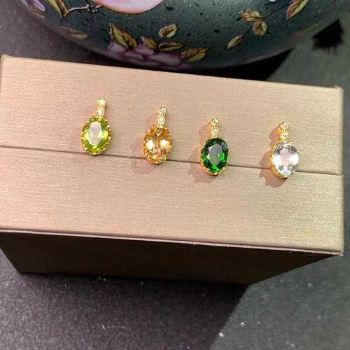 天然橄榄石吊坠 5*7MM925银镀黄金镶嵌透辉石 黄水晶 海蓝宝吊坠