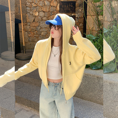 汤圆不圆韩系连帽针织开衫外套女2025新款高级感拉链开春穿搭上衣