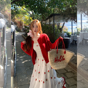 配吊带裙2026新款 女薄款 独特漂亮小上衣 红色开衫 汤圆不圆