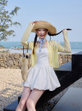 甜米周黄色防晒开衫女夏季薄款宽松莱赛尔上衣外搭海边度假空调衫