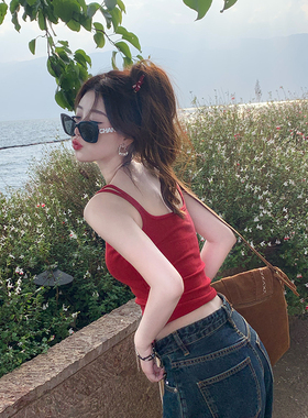 甜米周红色吊带背心女夏外穿美背文胸一体内搭设计感小众法式上衣