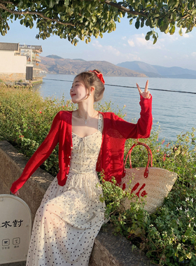 甜米周 红色开衫女夏季2026薄款防晒罩衫短款外搭针织空调衫上衣