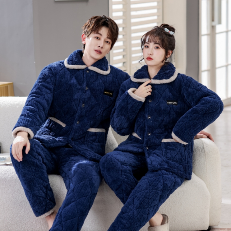 睡衣男女款冬法兰绒三层加厚情侣