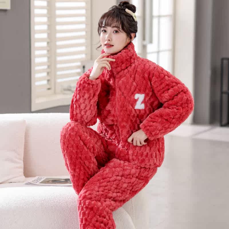 睡衣女冬法兰绒三层加厚夹棉加厚