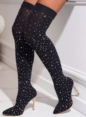 外贸弹力薄款网靴水钻高筒过膝时尚大码细跟靴Lazada Women Boots