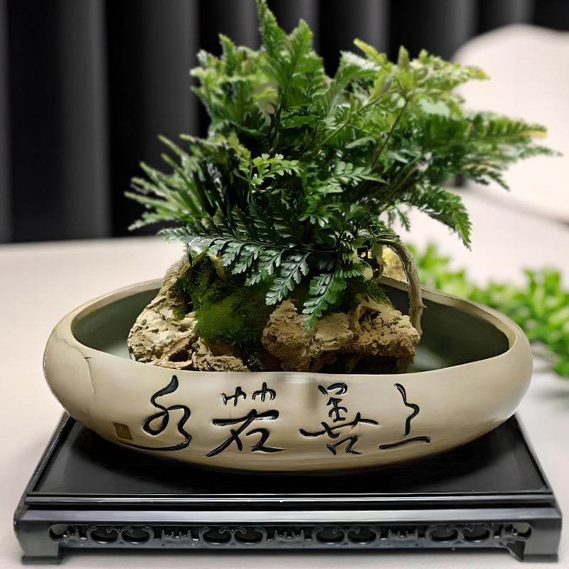 上水石盆吸水石底座陶瓷花盆假山盆景装饰养鱼水培水仙碗莲铜钱草