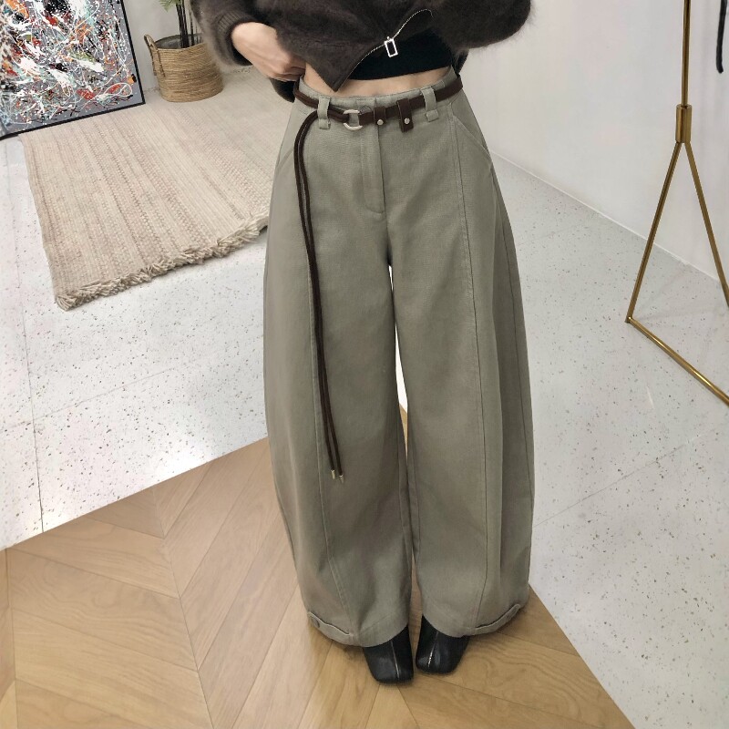 阔腿休闲裤女秋冬配腰带韩系宽松遮胯显瘦高腰通勤百搭气球裤绒里