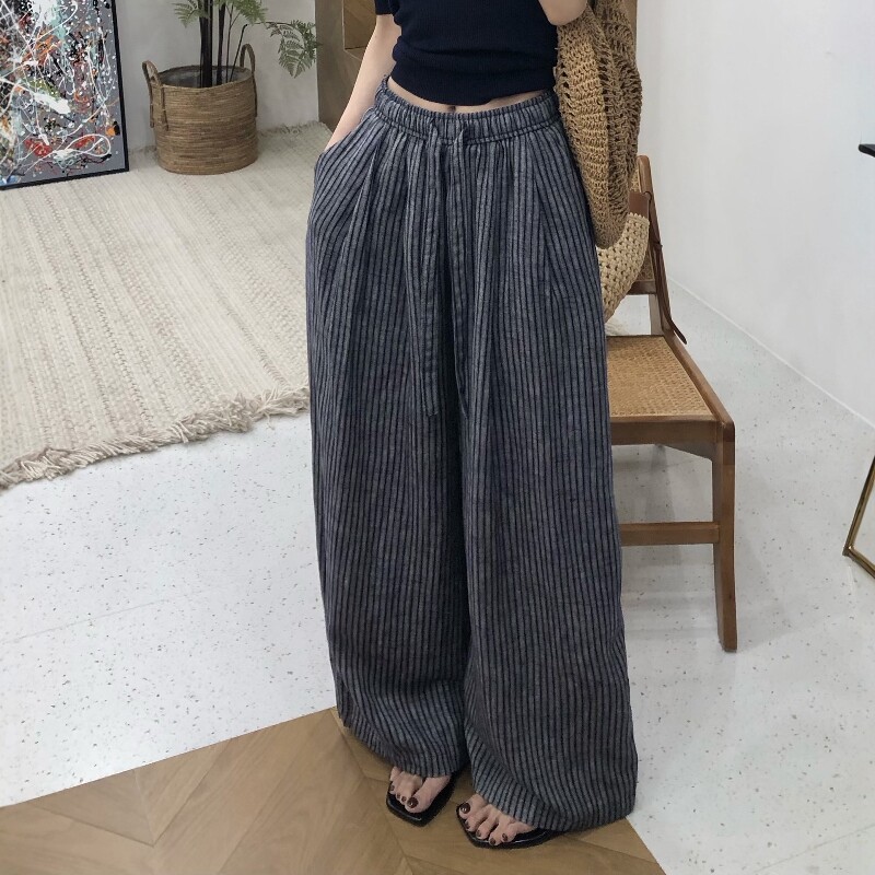 2026夏季新款高档慵懒垂感条纹棉麻直筒裤女天丝亚麻设计感阔腿裤