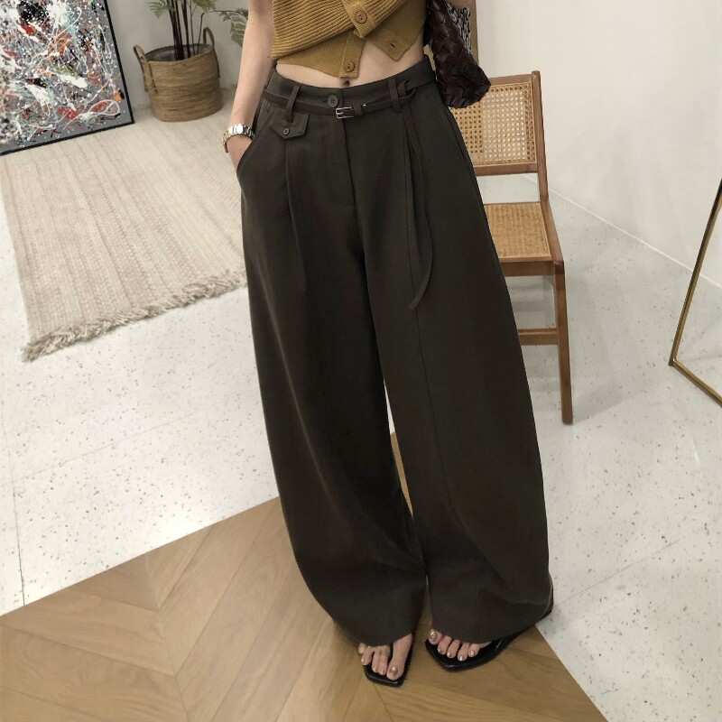 2026松弛感咖色阔腿休闲裤女梨形垂感高腰宽松西装长裤（配腰带）