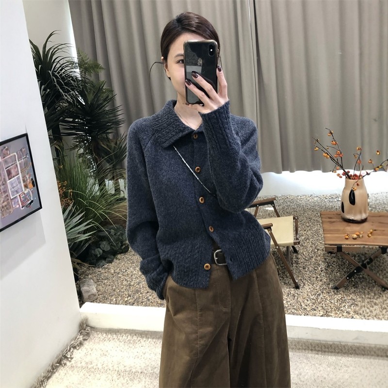 复古polo领山羊绒开衫女