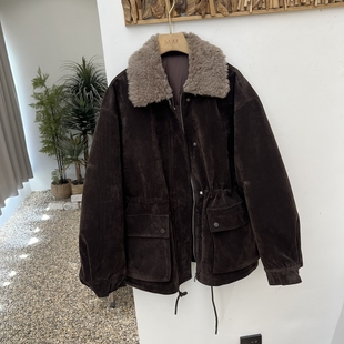 2025年冬季款韩系羊羔毛领90白鸭绒保暖棕色绒面派克羽绒服外套女