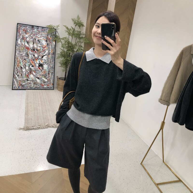 100纯羊毛衫两件套女polo领针织背心加长袖针织套装秋冬外穿上衣
