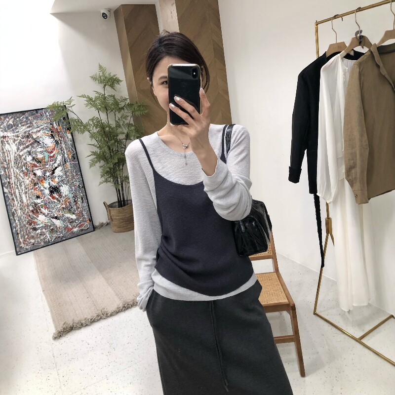 韩系叠穿针织吊带背心慵懒文艺上衣长袖T恤气质针织衫两件套打底