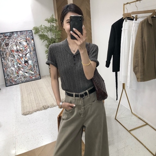 针织衫 2026春夏新款 知性优雅polo领上衣高知女性翻领亚麻日常短袖