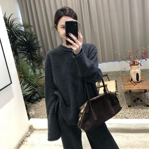 2025年冬季卷边毛衣阔腿裤套装女100%羊毛衫裤子高端休闲裤两件套