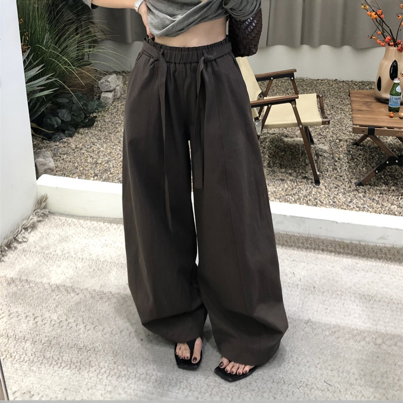 韩式简约松紧腰抽绳宽松休闲裤女2025秋气质显瘦通勤直筒阔腿长裤