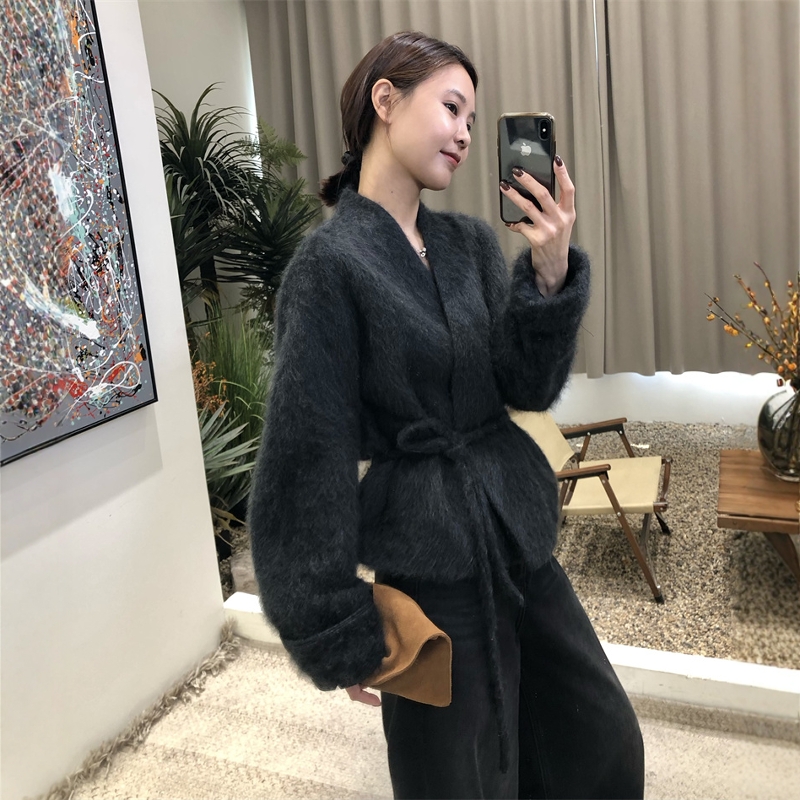 2025秋冬韩版羊绒拉毛拉绒V领宽松绑带复古显瘦气质慵懒廓形外套