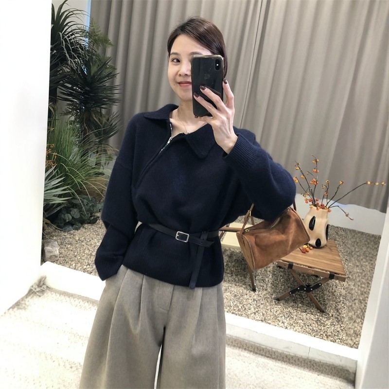 复古翻领斜拉链羊毛针织衫女