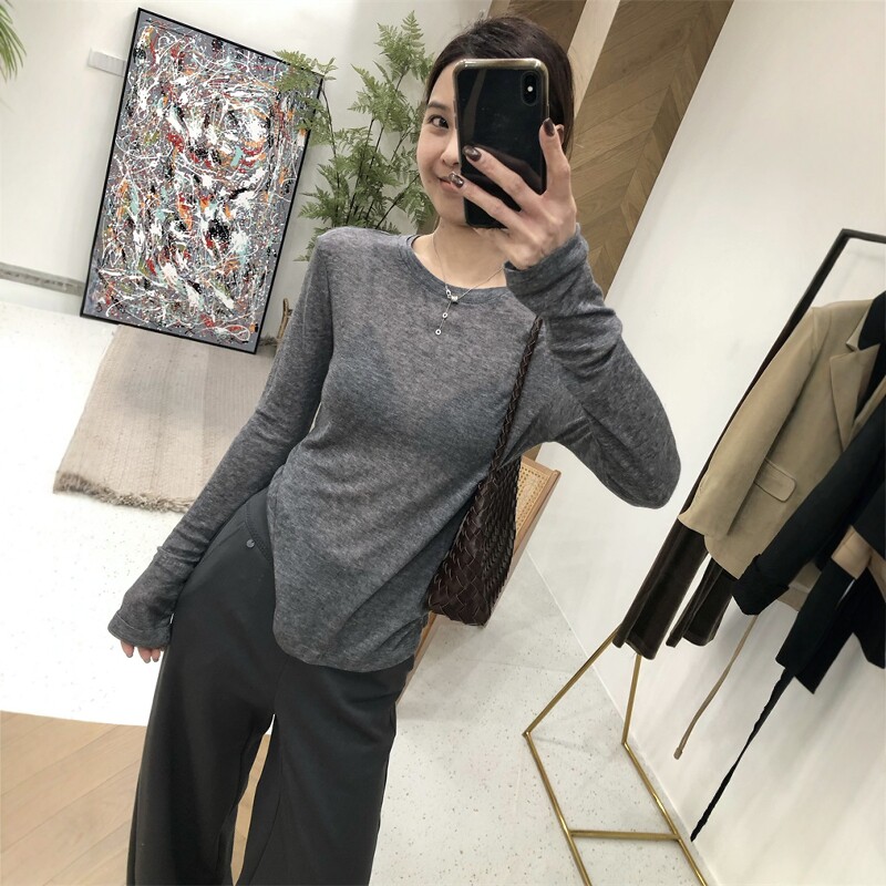 莱赛尔天丝羊毛圆领长袖T恤女2026春季新款软糯修身通勤简约上衣