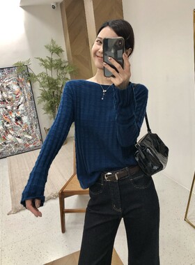 2026秋装新款女装毛针织衫船型领修身打底衫设计感方格坑条毛衣女