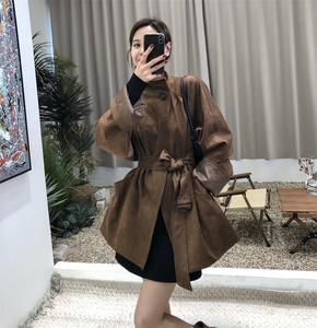 2023秋冬韩版设计感系带麂皮绒风衣外套女宽松显瘦立领机车夹克
