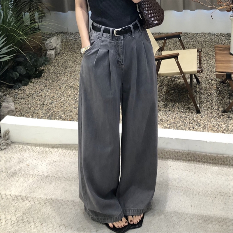 复古天丝阔腿牛仔裤女2025夏季薄款透气高腰显瘦宽松长裤直筒裤子