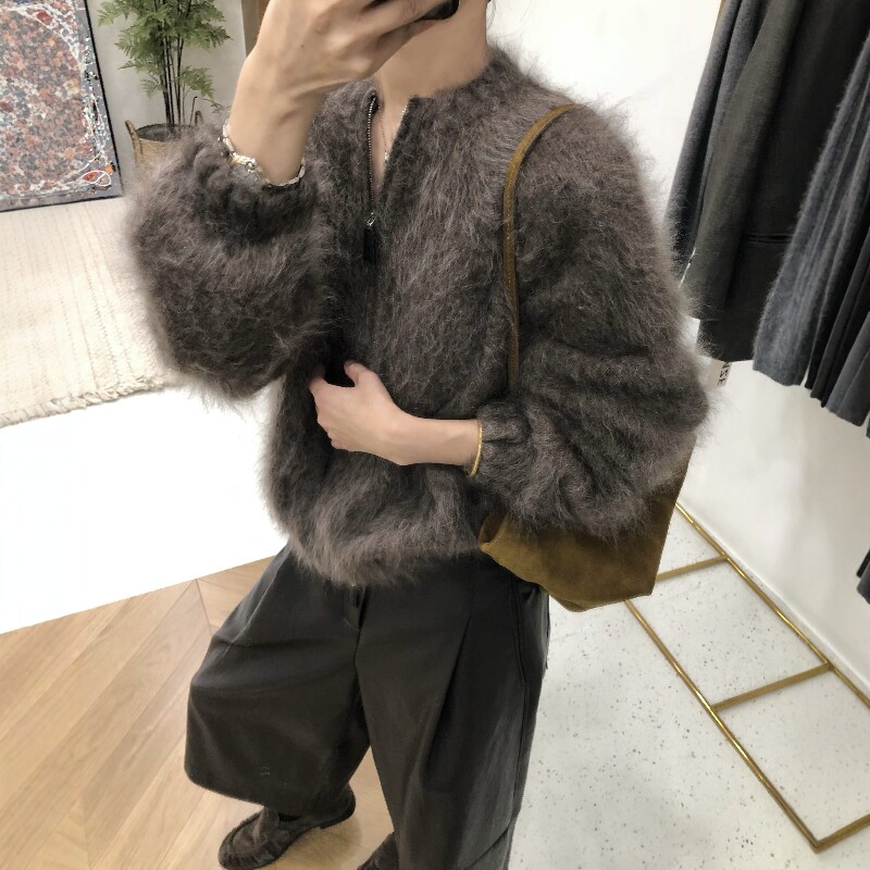 冬季新款韩系拉链羊毛山羊绒拉绒毛衣女软糯宽松保暖针织开衫外套
