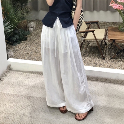 白色运动亚麻气泡休闲裤女