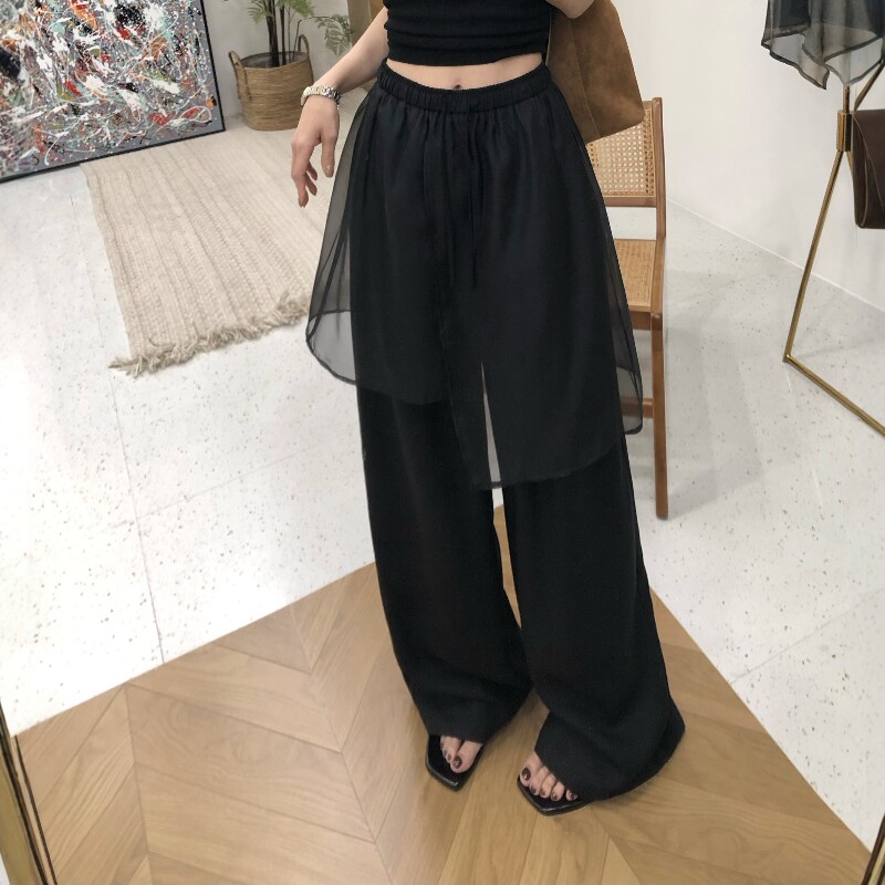 2026夏假两件网纱屁帘拼接女复古百搭高腰显瘦宽松假两件休闲西裤