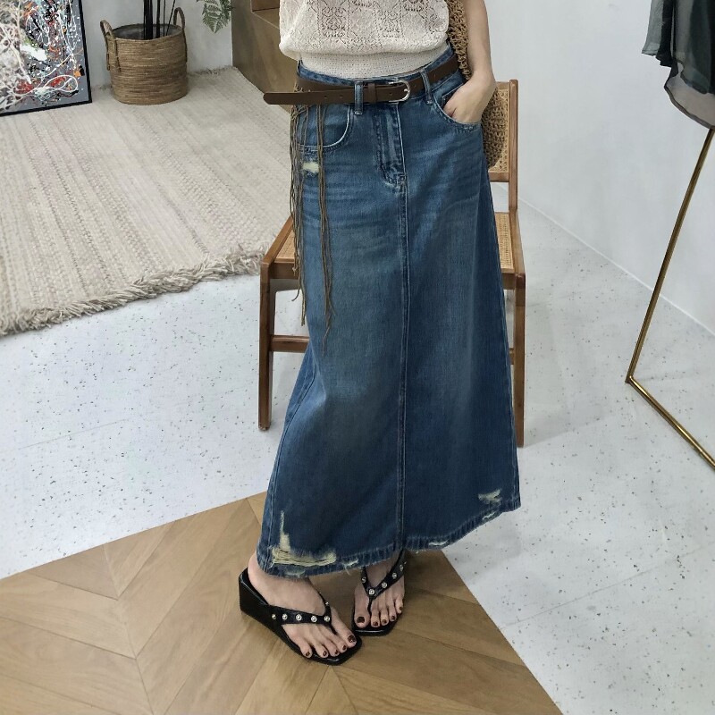 2026复古港风破洞牛仔裙半身裙女夏季设计感小众美式长裙子小个子