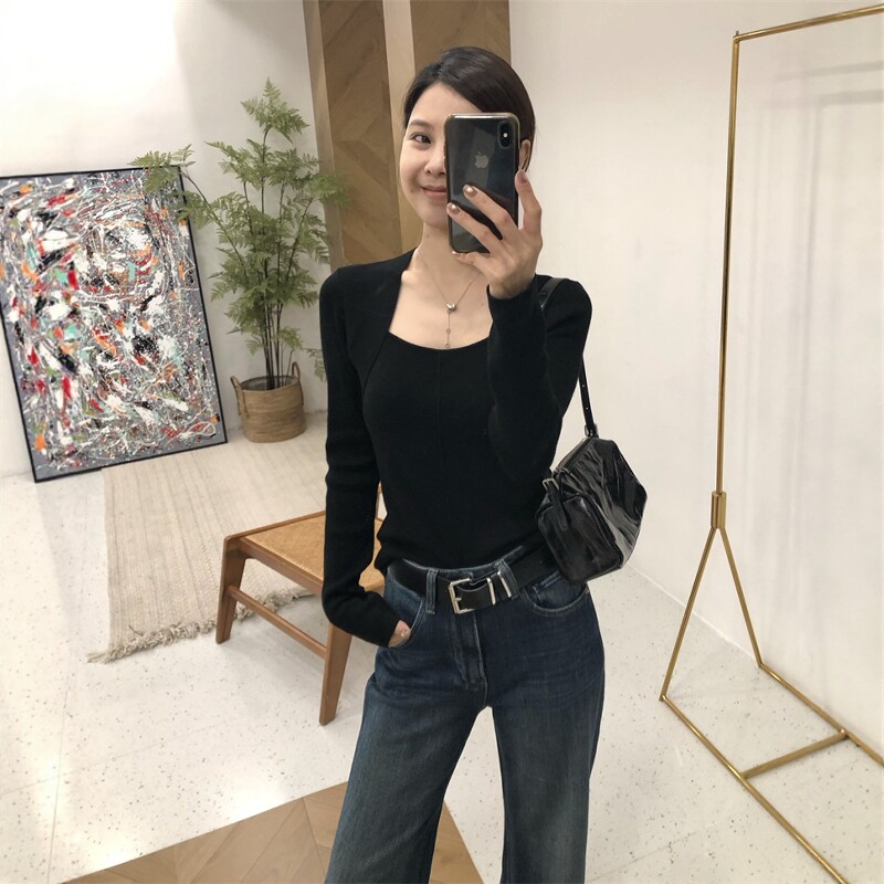 法式方领羊毛秋冬显瘦打底衫女
