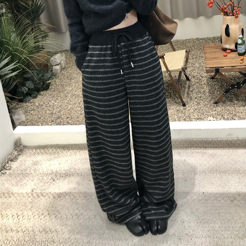 2025秋冬新款韩版复古条纹加绒保暖休闲裤女高腰针织直筒阔腿裤子,女装/女士精品,休闲裤,淘宝优惠券,粉丝福利购,淘宝优惠卷