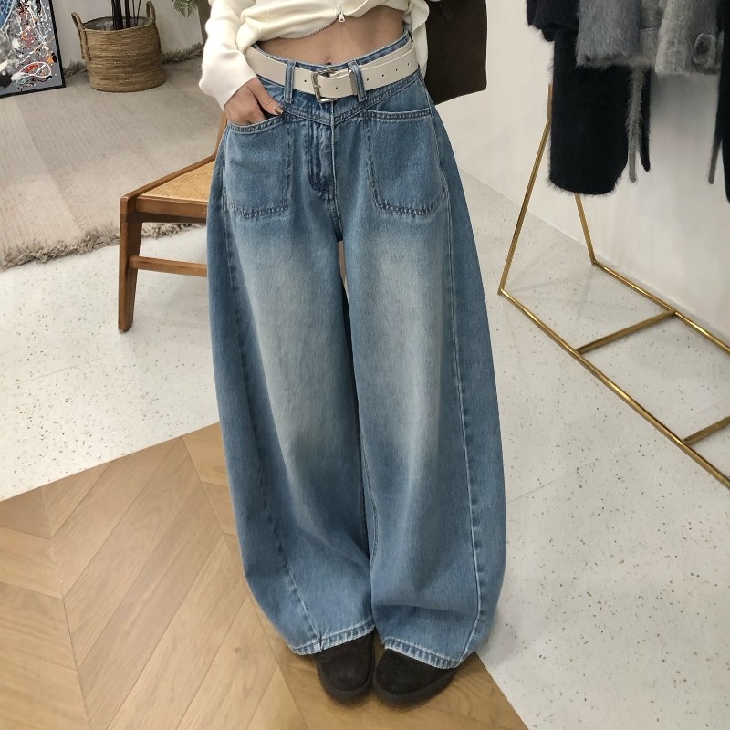 2026春新款韩系复古设计感直筒牛仔裤高腰阔腿复古显瘦宽松长裤女