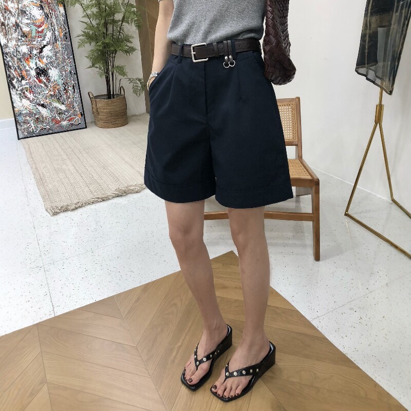 2026夏季新款韩系墨蓝色高腰休闲短裤女麻阔腿显瘦直筒松弛感裤子