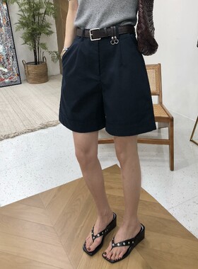 2026夏季新款韩系墨蓝色高腰休闲短裤女麻阔腿显瘦直筒松弛感裤子