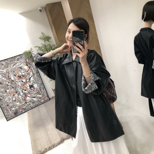 韩系复古气质系带收腰中长款 拼花黑色pu皮风衣外套 皮衣2026春秋款