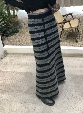 复古慵懒条纹针织半身裙女早春长款高腰显瘦包臀a字裙羊毛针织裙