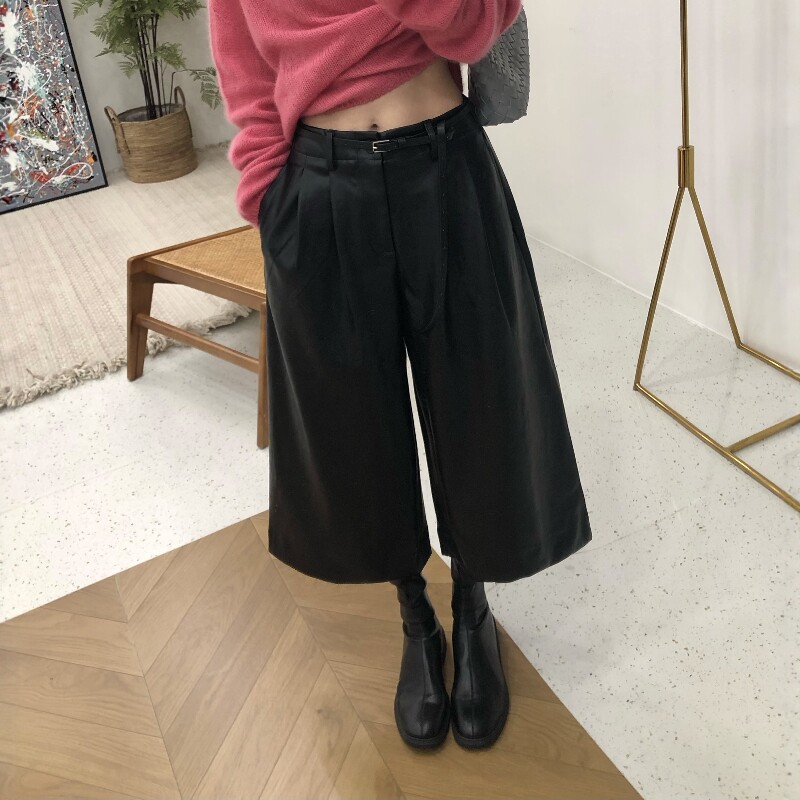 2026秋季新款高腰PU皮裤阔腿裤遮胯显瘦百搭休闲蛋白皮女士七分裤