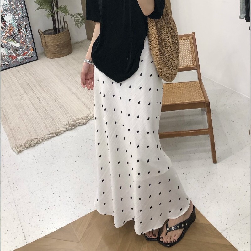 2026新款夏季法式赫本亚麻波点a字半身裙女小个子薄长款鱼尾裙子