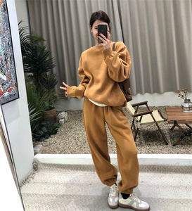 2023秋冬韩版宽松加绒磨毛休闲卫衣+卫裤两件套女纯色运动套装