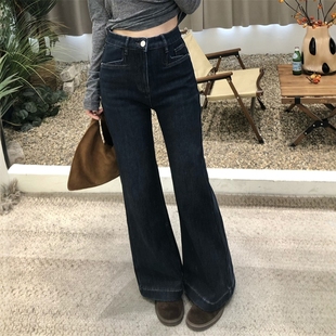 复古绒里微喇牛仔裤女2025秋冬新款高腰显瘦修身弹力喇叭裤长裤子