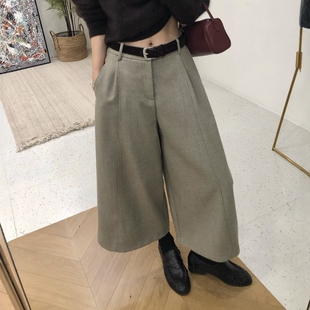 2026新款秋冬季小个子毛呢高腰阔腿裤女八分裤宽松显瘦百搭直筒裤