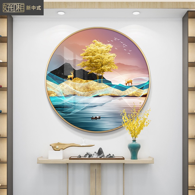 新中式玄关山水圆形晶瓷画入户壁画