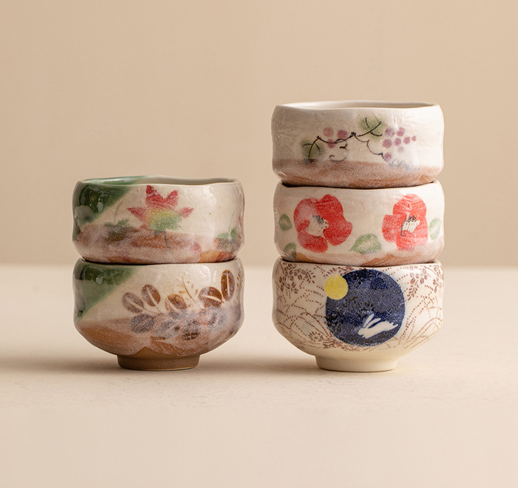 美浓烧抹茶碗粗陶磨砂樱花茶杯