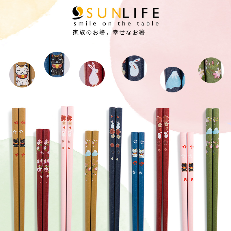 日本进口樱花兔子猫咪竹木制筷子