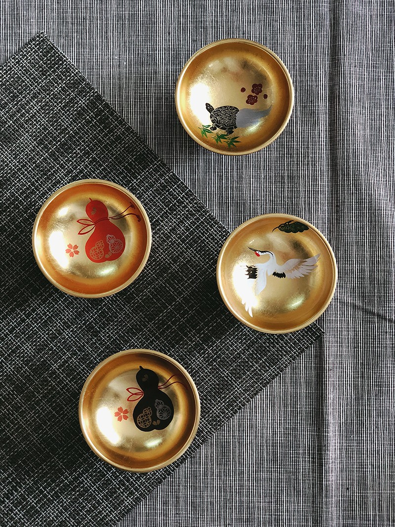 日本进口山中漆器金箔莳绘对杯鹤龟葫芦福禄酒杯观赏冷酒清酒杯