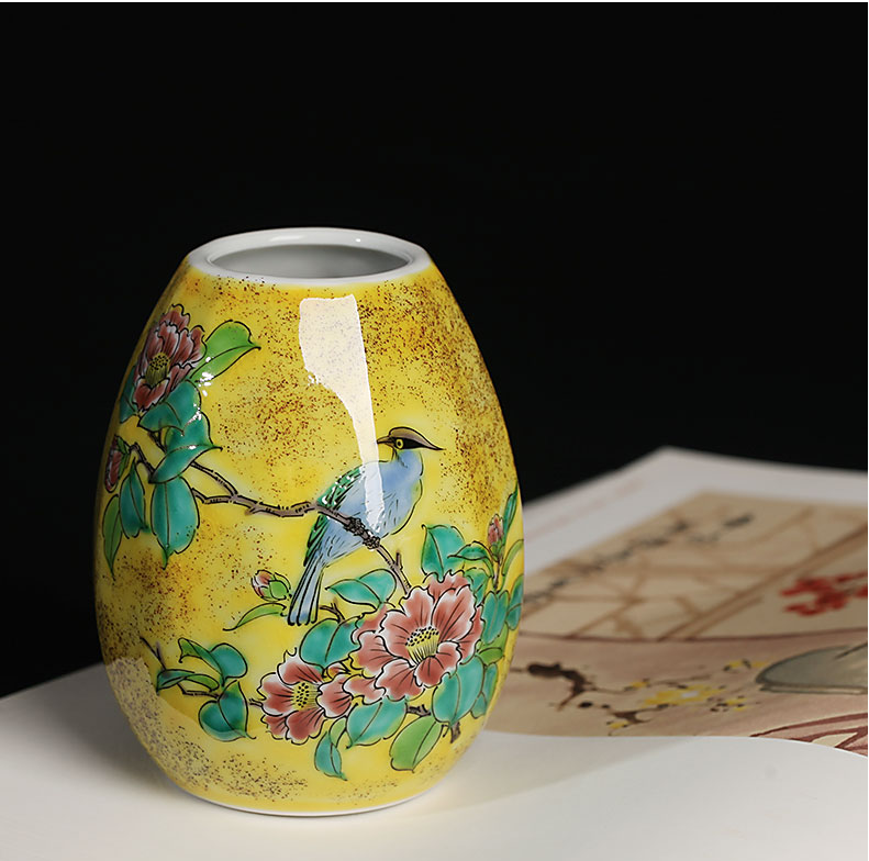 日本进口 九谷烧吉田屋古九谷花鸟纹小花器 陶瓷花瓶桌面摆件