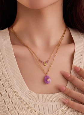 复古百搭感跨境不锈钢紫色天然石八芒星双层爱心锁骨项链